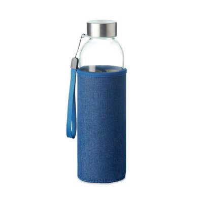 Пляшка для води з логотипом скляна UTAH DENIM з ріменцем у неопреновому чохлі в стилі джинсового деніму, 500 мл, синій 12363 фото